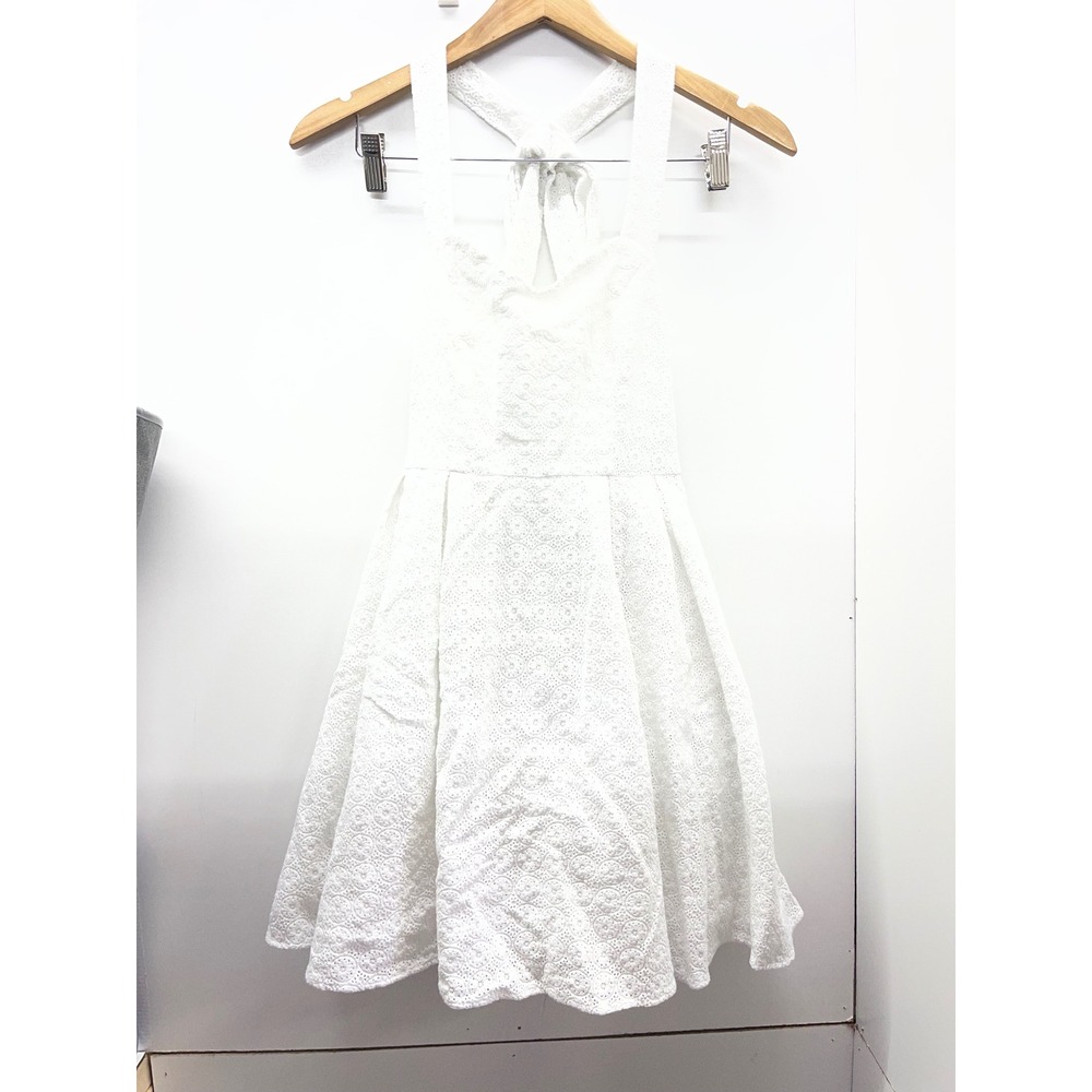 Lauren James White Eyelet Lace Halter Dress Back Bow Cutout Fit Flare Small